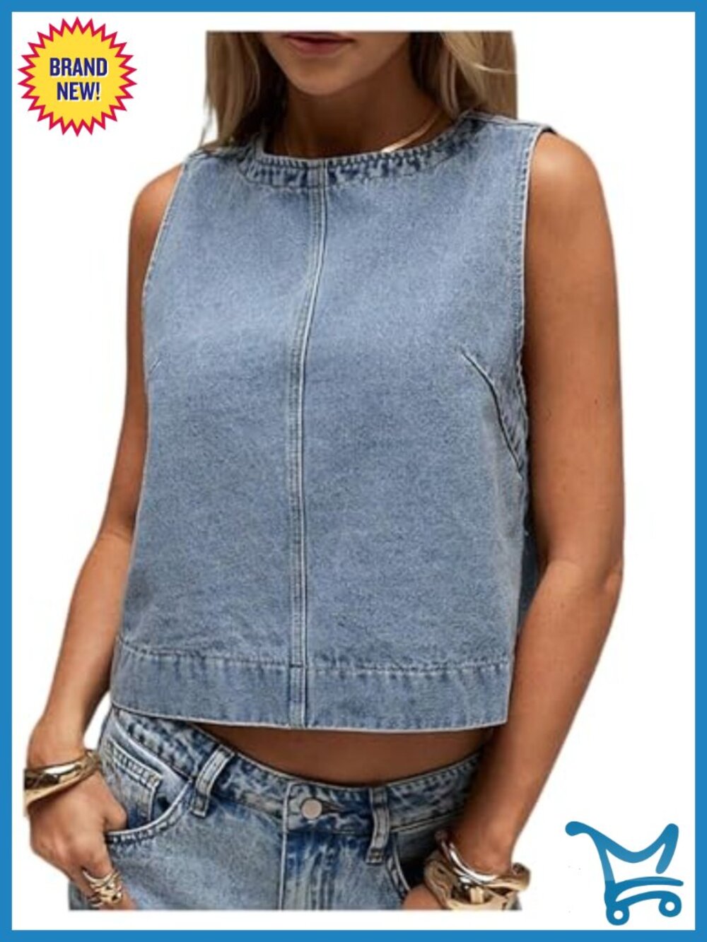 Denim Vest Tank Top Sleeveless Round Neck Loose Fit Casual Jean Vest